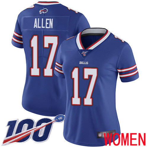 Women Buffalo Bills 17 Josh Allen Royal Blue Team Color Vapor Untouchable Limited Player 100th Season NFL Jersey
